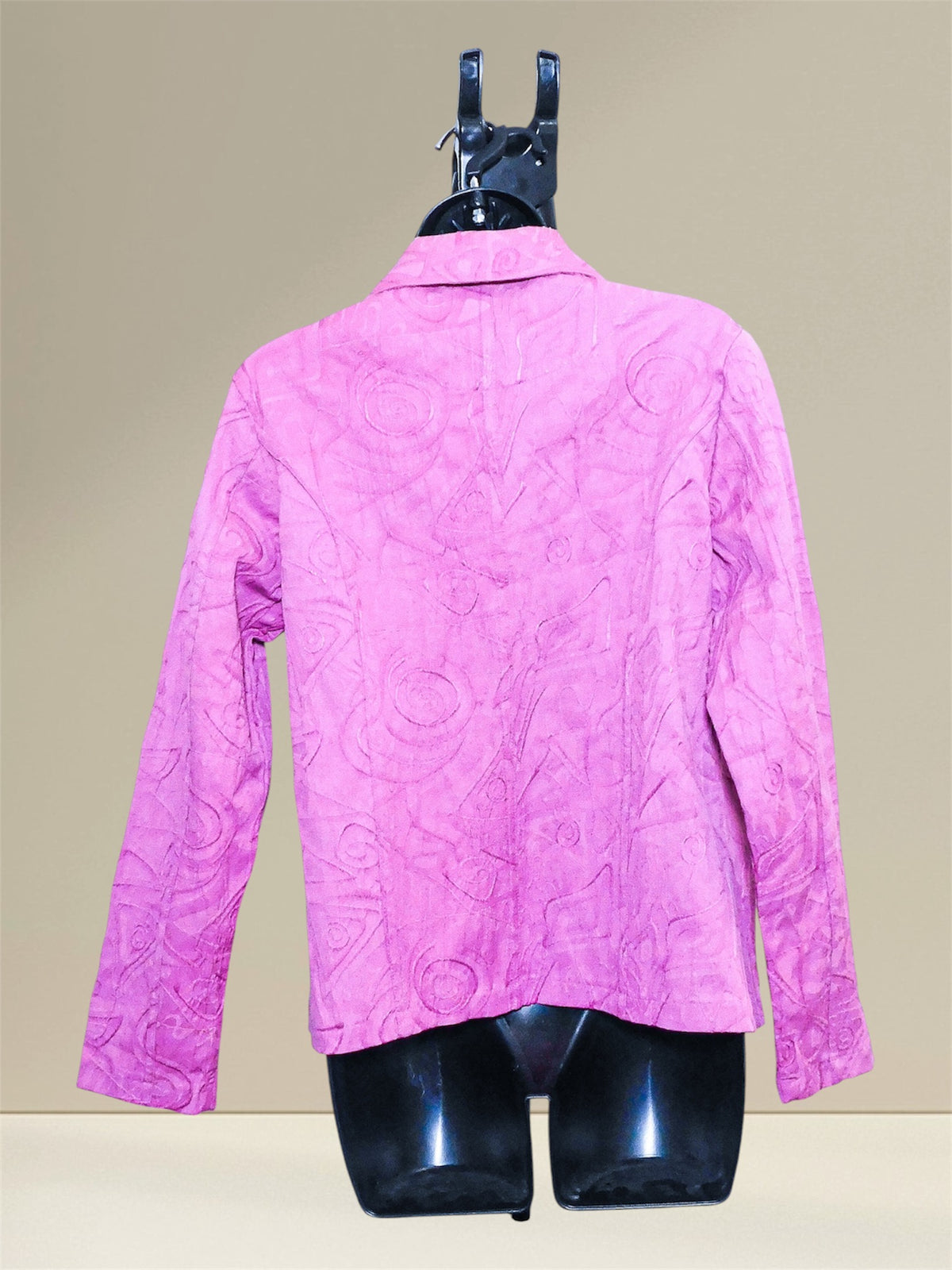 Back view of pink Kaktus jacket with tonal abstract texture