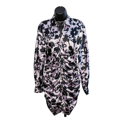 Front view of Zara Dita lilac and black floral ruched dress