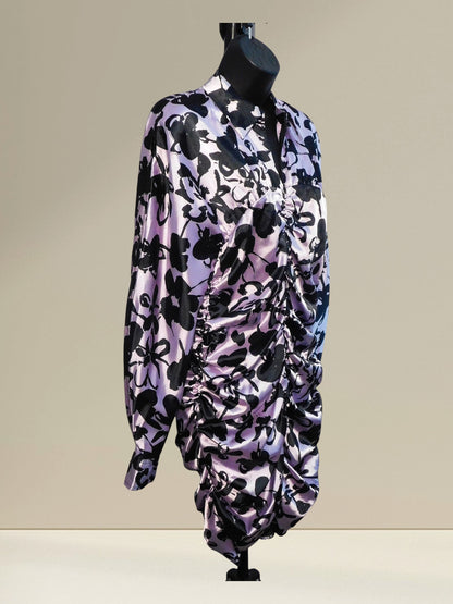 Angled view of Zara Dita dress showing collar and front ruching