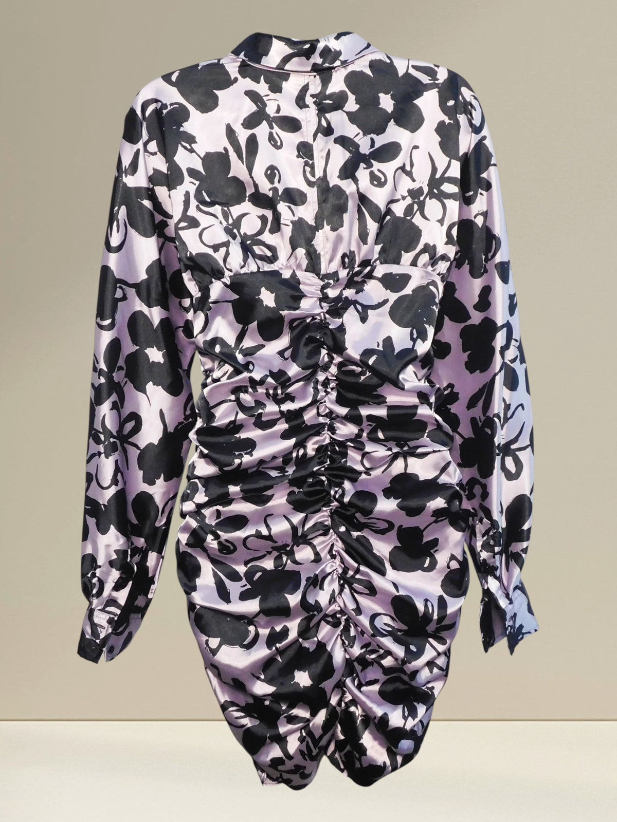 Back view of Zara Dita floral dress with ruched shaping