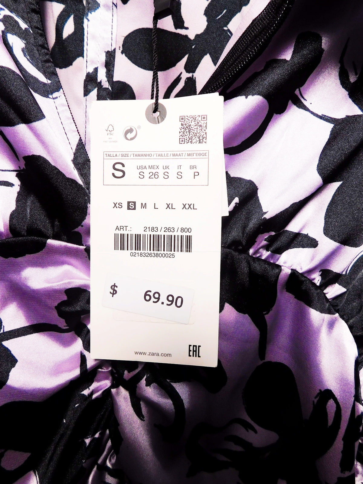 Zara retail tag showing size Small and style 2183/263/800