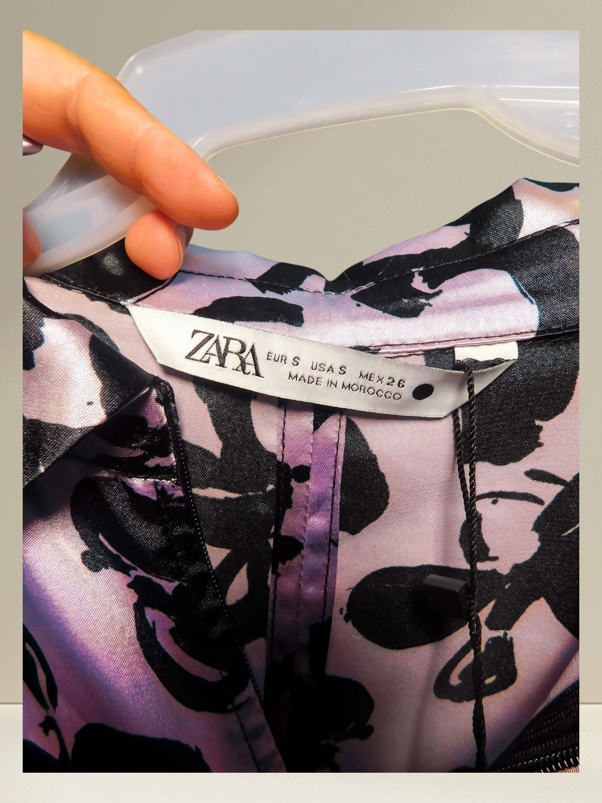 Zara sewn label showing size Small and Made in Morocco