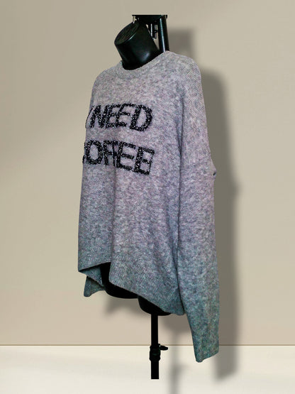 Opposite angled view showing sparkling I Need Coffee lettering