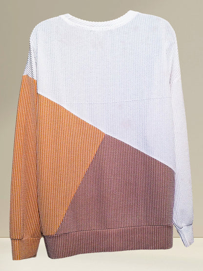 Back view of the Automet colorblock ribbed knit oversized pullover sweater