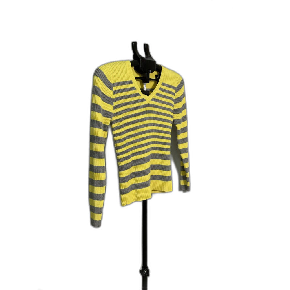 St. John's Bay Yellow Grey Striped V-Neck Sweater L