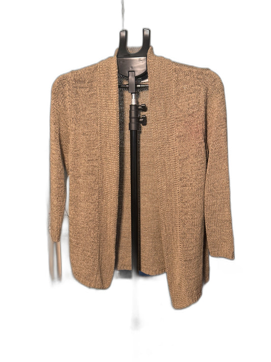 August Silk ribbed open front cardigan, tan, side view