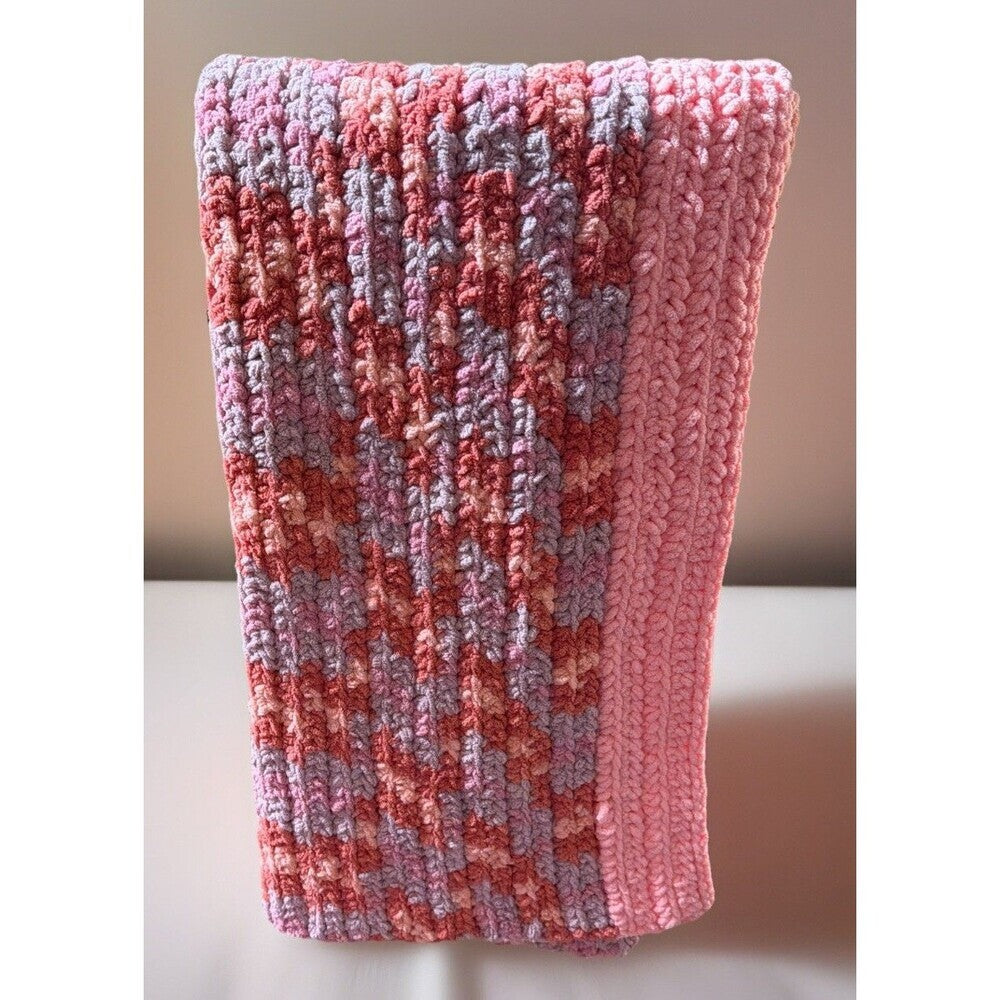 Handmade Crocheted Super Soft Peach & Pink Plush Baby Blanket 35"x28"