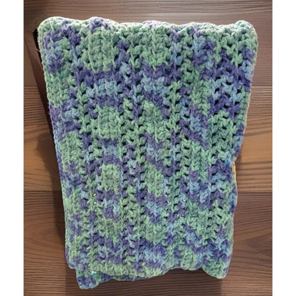 Handmade Crochet Blue Green Plush Baby Blanket 29"x29"
