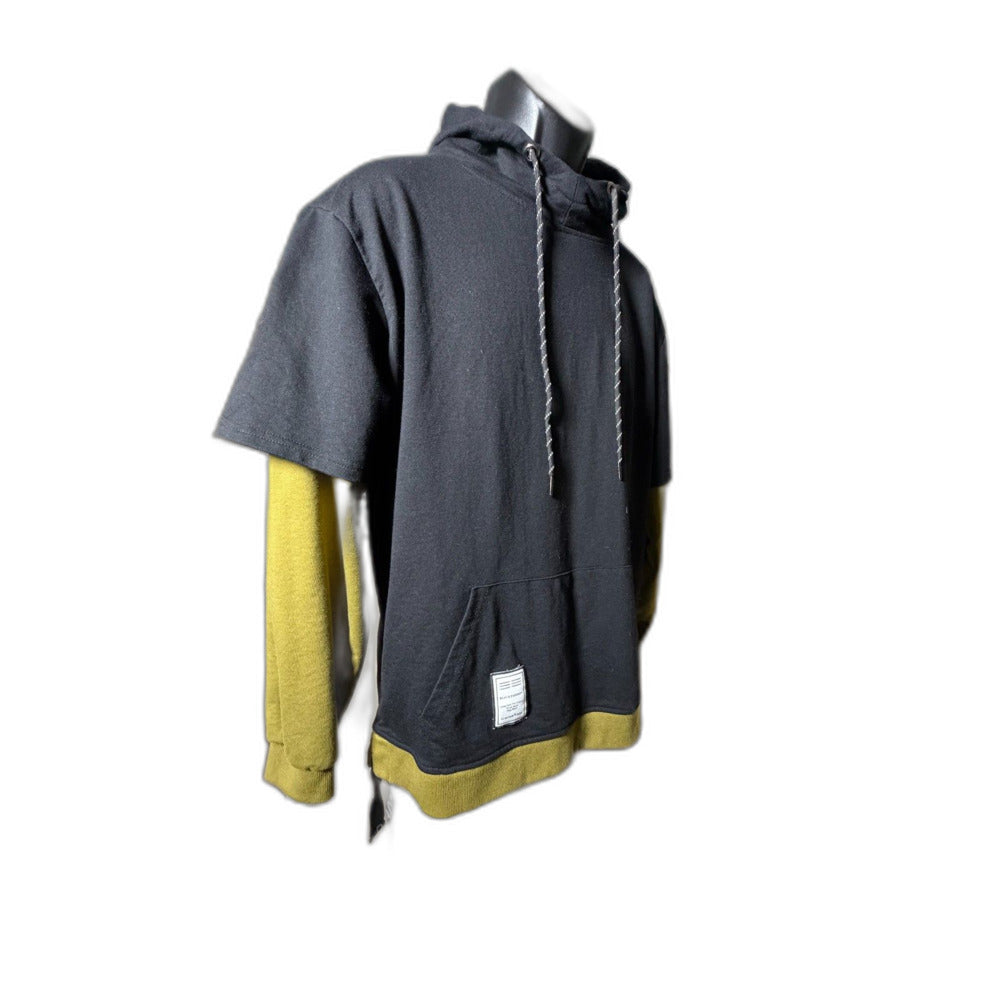 Gurunvani "Future" Contrast Patchwork Layered Hoodie - Black/Olive Green L