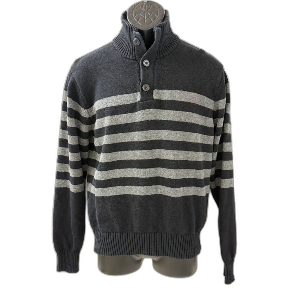 Carbon Men's Striped Button Mock Neck Pullover Sweater Large