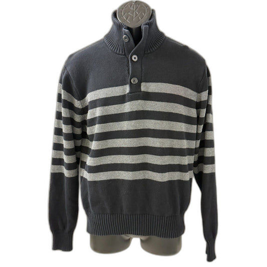 Carbon Men's Striped Button Mock Neck Pullover Sweater Large