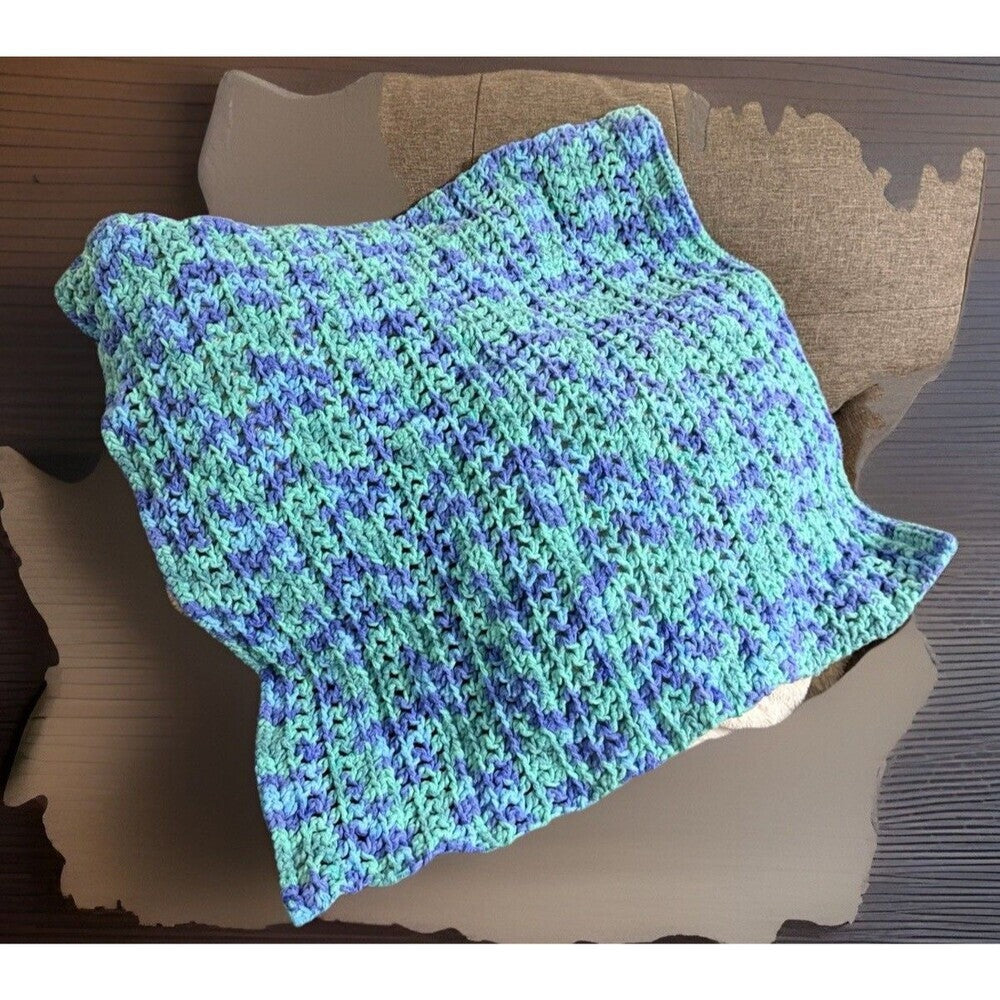 Handmade Crochet Blue Green Plush Baby Blanket 29"x29"