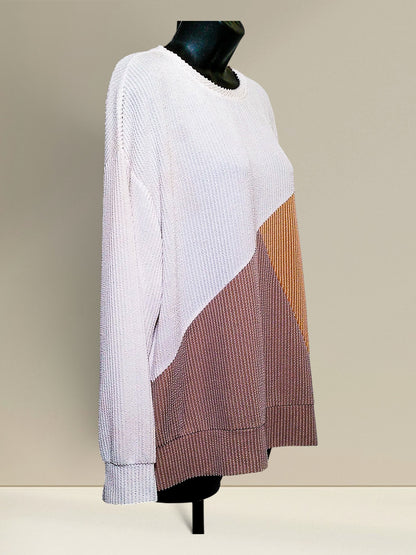 Automet colorblock ribbed knit sweater, side view showing oversized fit