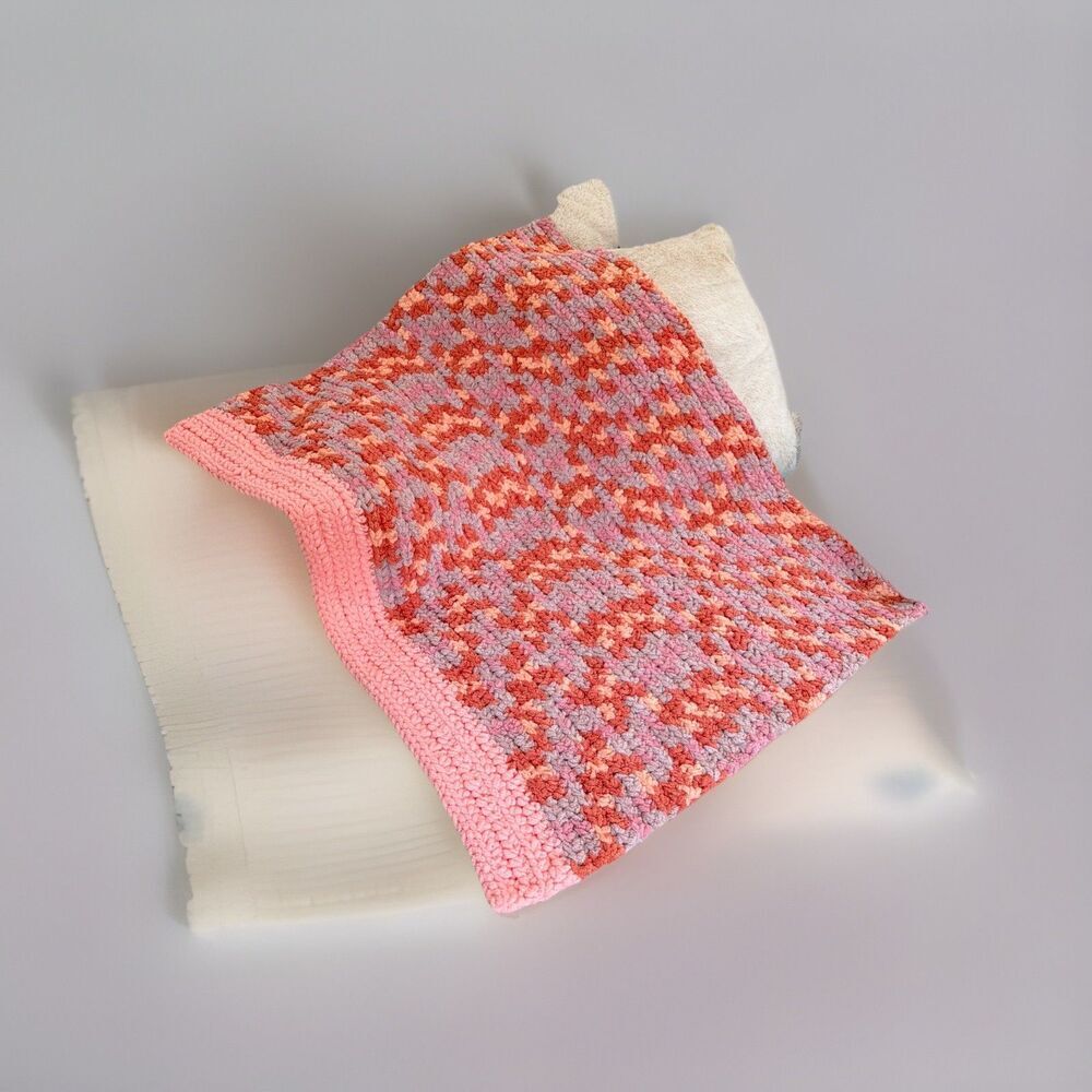 Handmade Crocheted Super Soft Peach & Pink Plush Baby Blanket 35"x28"
