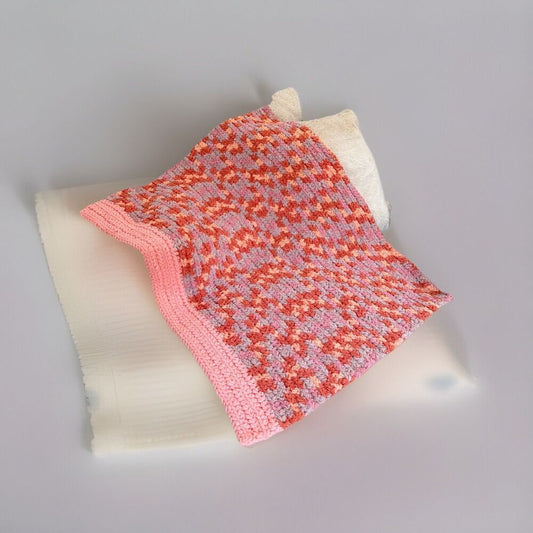 Handmade Crocheted Super Soft Peach & Pink Plush Baby Blanket 35"x28"