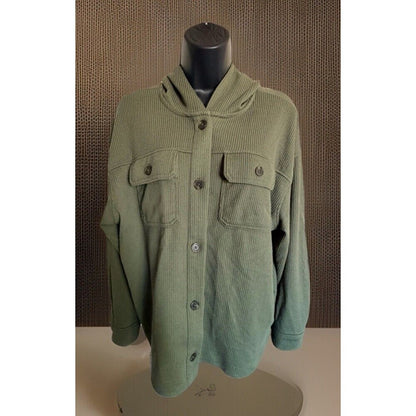 Time & Tru Women's Hooded Ribbed Shacket Olive Green Button Up Jacket Size M