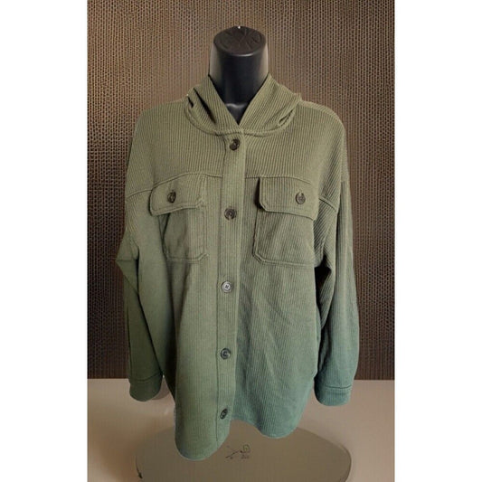 Time & Tru Women's Hooded Ribbed Shacket Olive Green Button Up Jacket Size M