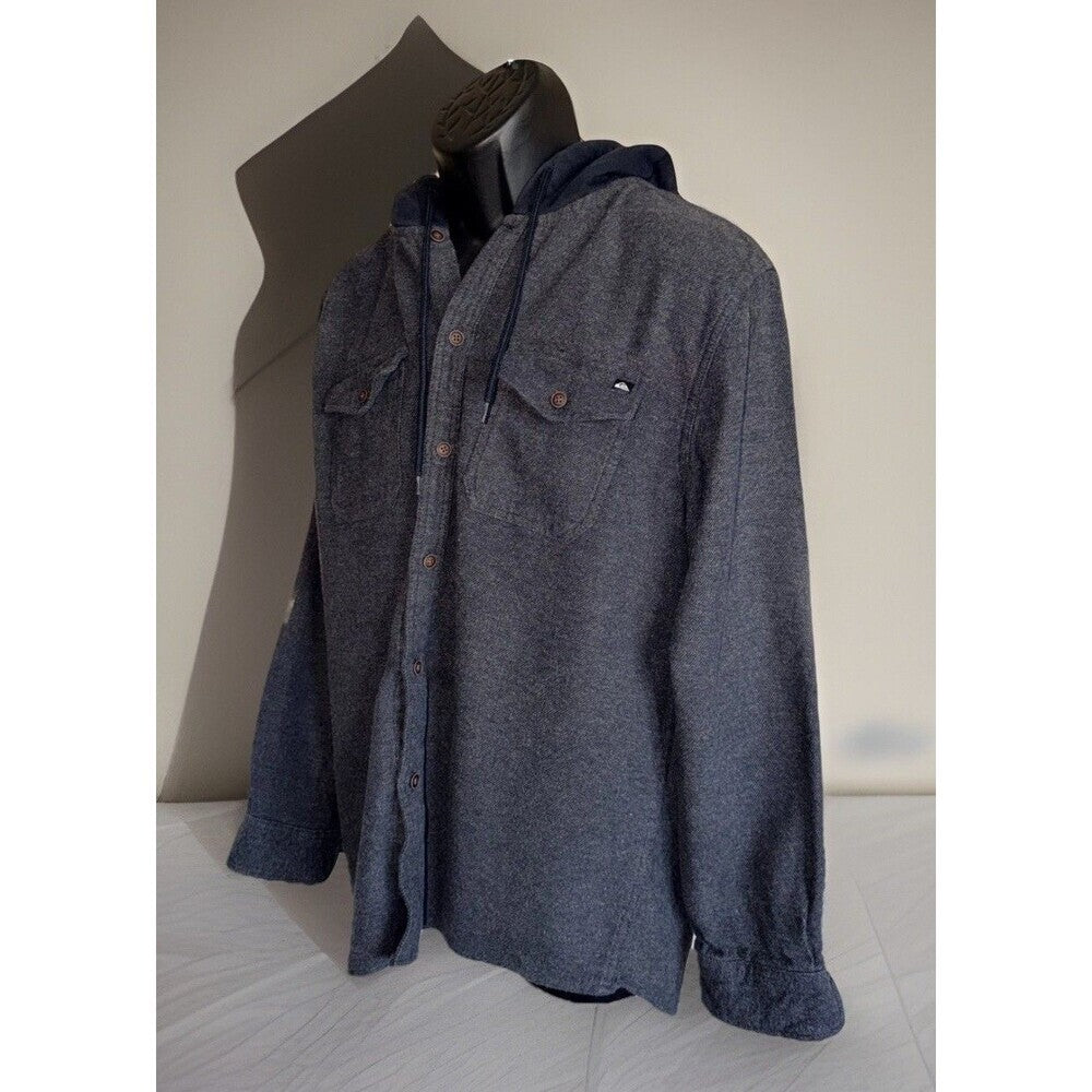 Quiksilver Men's Dark Gray Fleece Hoodie Button Down Shirt L