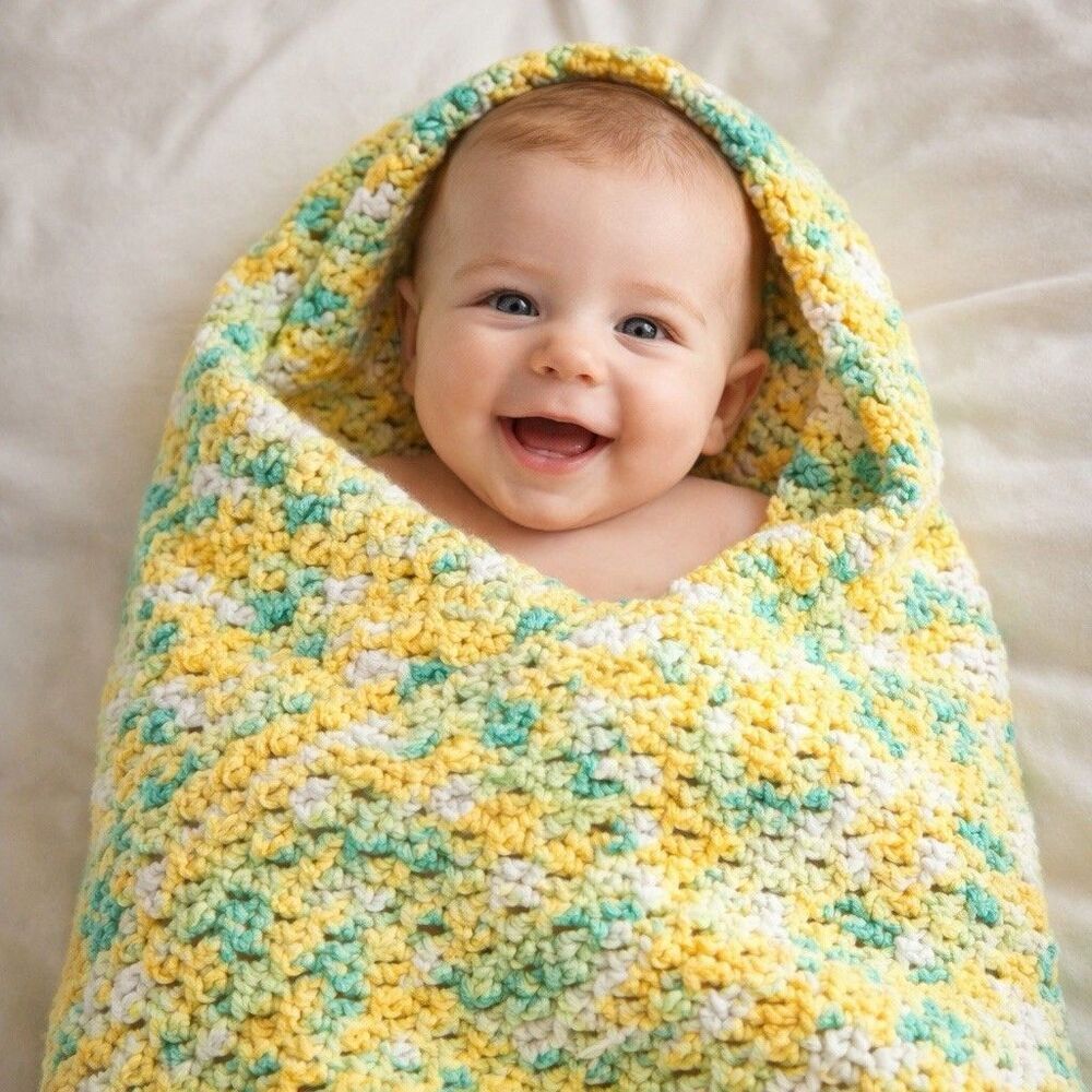 Handmade Crochet Super Soft Lemon Lime Baby Blanket Green Yellow 35" x 28"