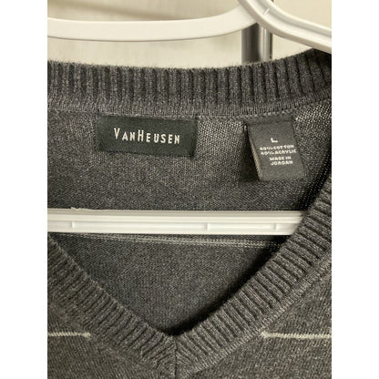Van Heusen Men's Sweater Large Gray Striped V-Neck Cotton Blend Pullover