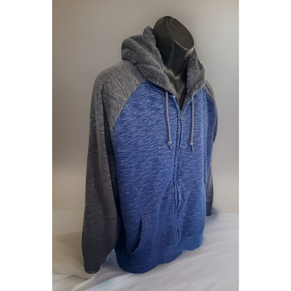 Faded Glory Men’s XL Blue & Gray Full Zip Hoodie Sherpa-Lined Fleece Jacket