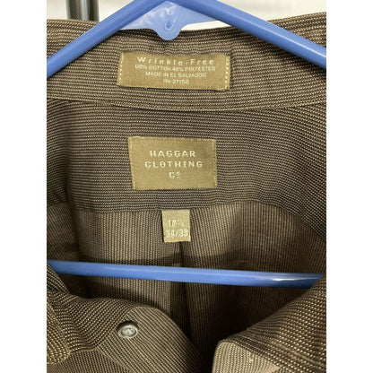 Haggar Men's 17.5 34/35 Brown Striped Wrinkle Free Button Down Shirt