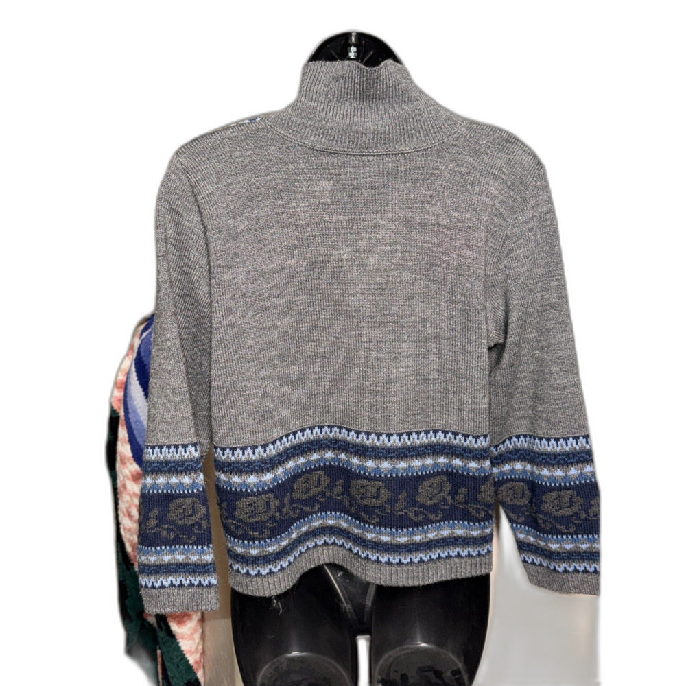 VTG Norton McNaughton Petites Gray Blue Floral Jacquard Cardigan Sweater Size P