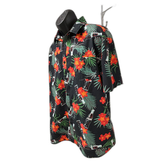 Vintage Coca-Cola Black Red Floral Hawaiian Button Up Shirt XL Resort Camp Dad