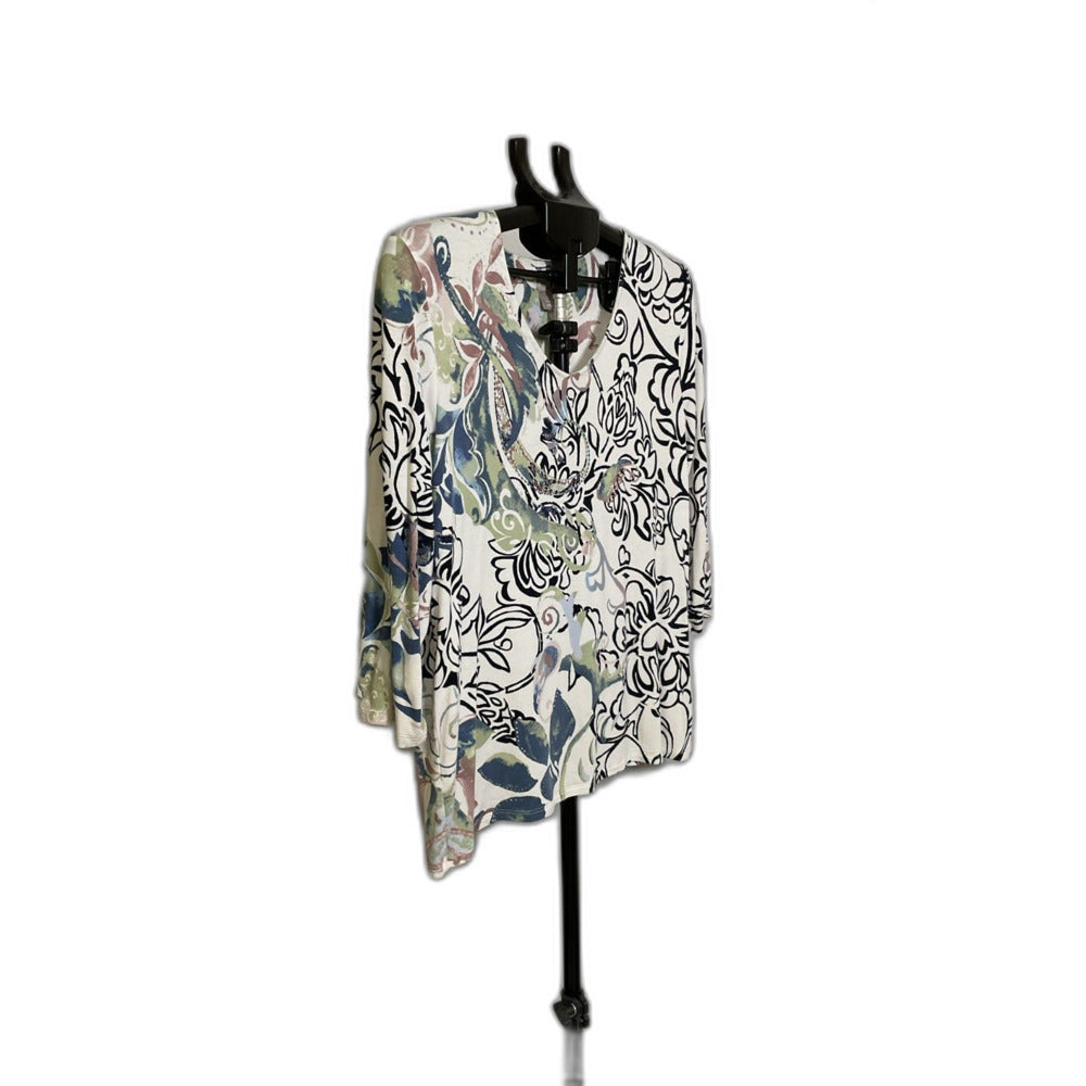 Chico's Floral Print Asymmetric Hem Top Size 2 (Large)