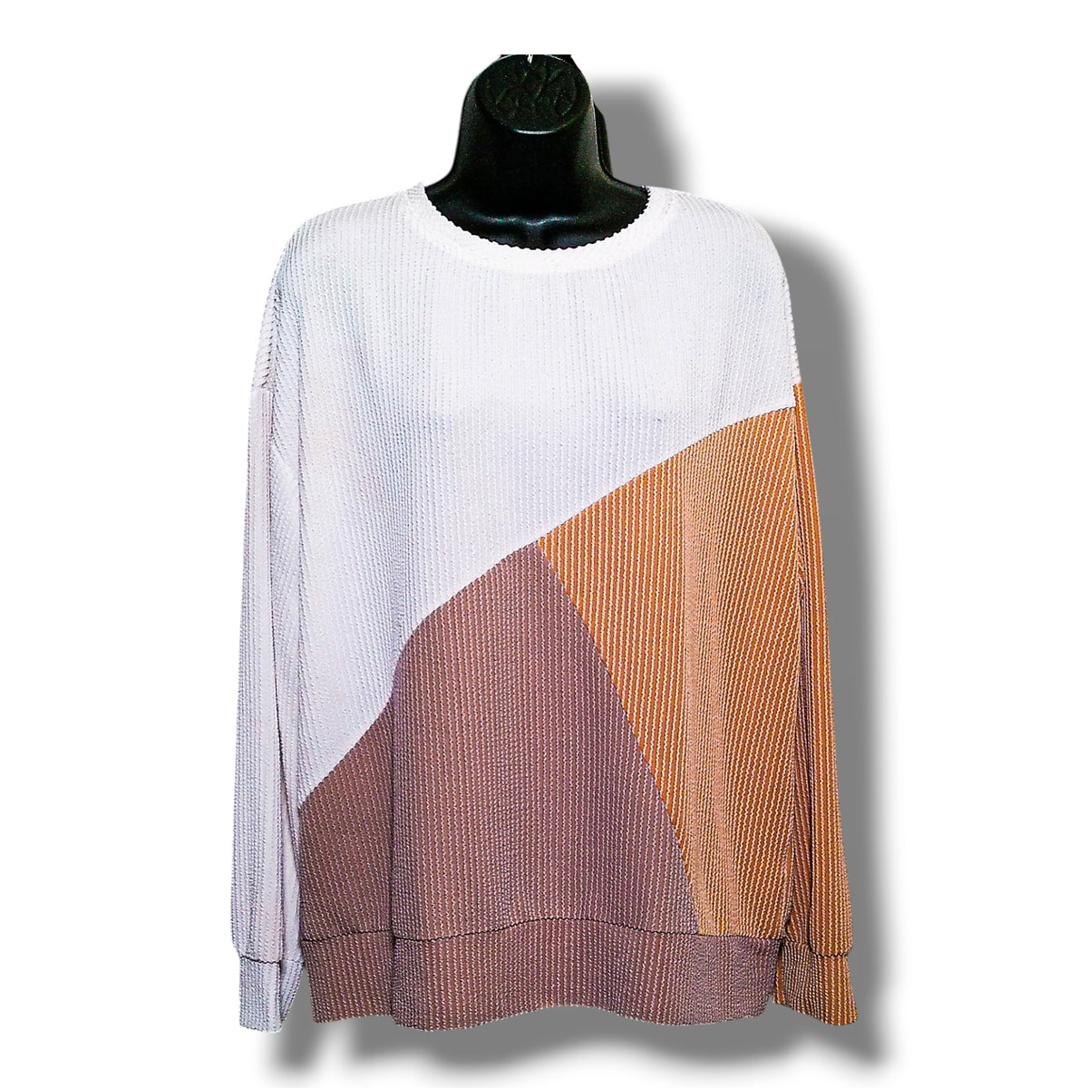 Automet white, orange, and mauve-brown colorblock ribbed knit oversized sweater, front view on mannequin