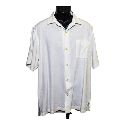 Tommy Bahama silk cotton camp shirt, front view on mannequin