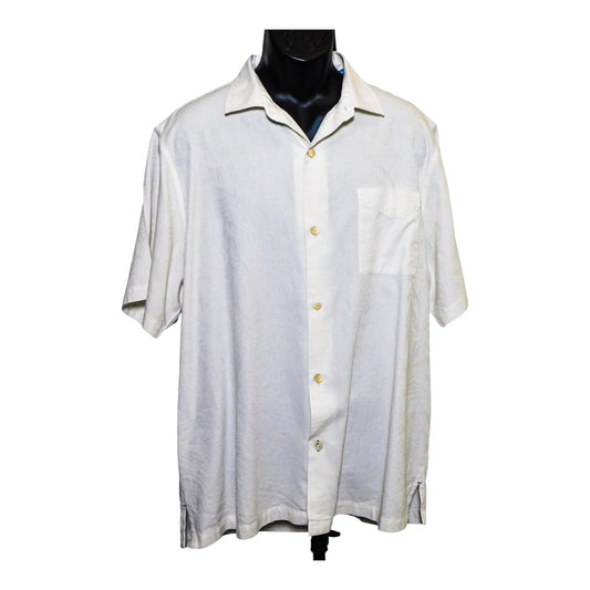 Tommy Bahama silk cotton camp shirt, front view on mannequin