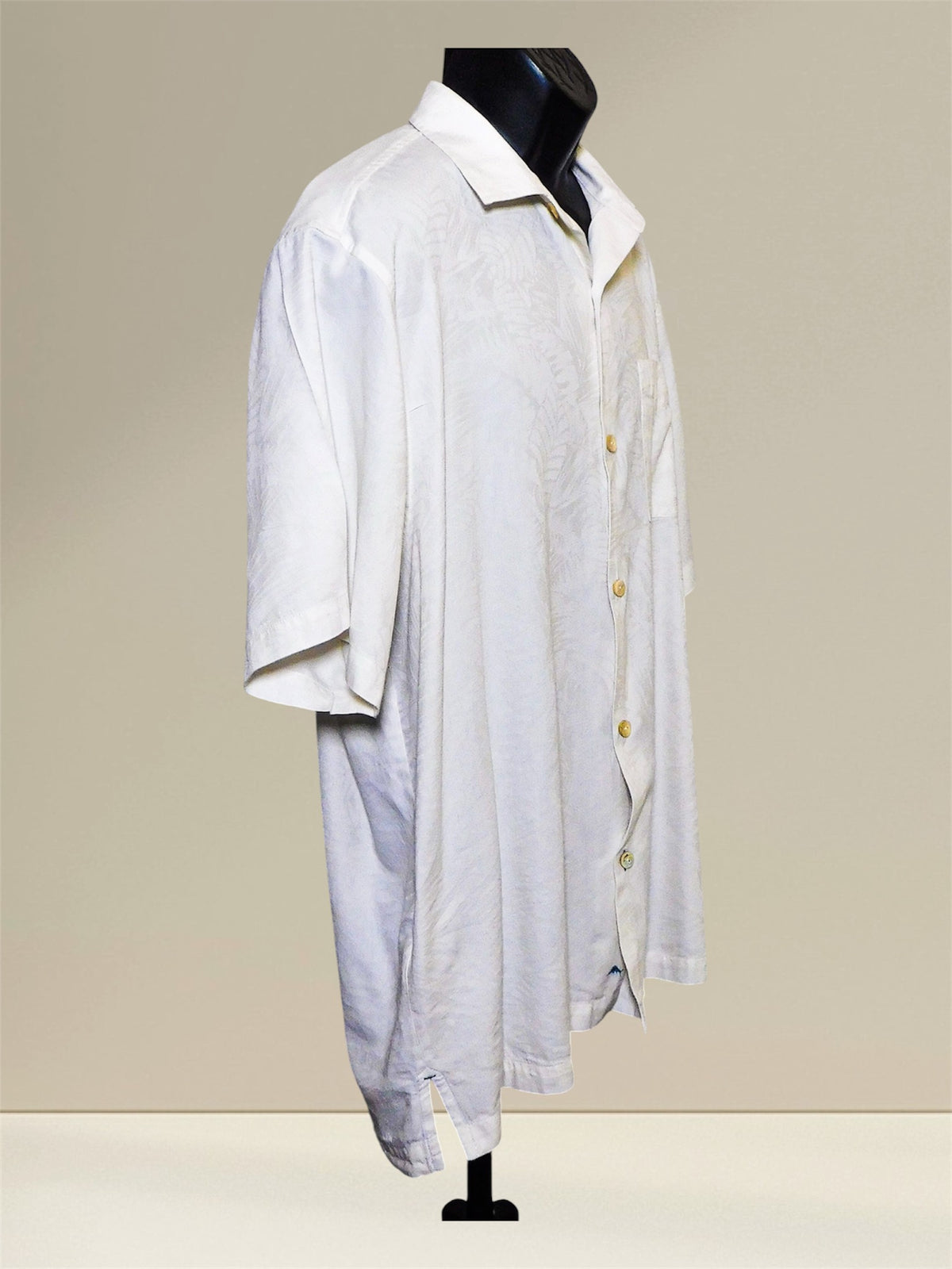 Tommy Bahama camp shirt, angled side view