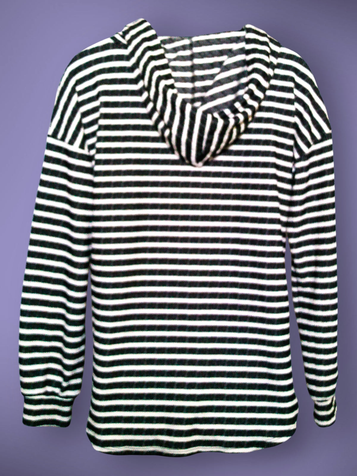 Heimish USA striped hooded pullover, back view showing hood