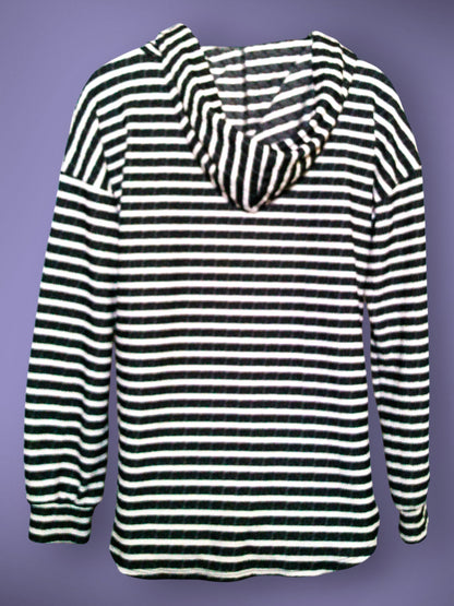 Heimish USA striped hooded pullover, back view showing hood