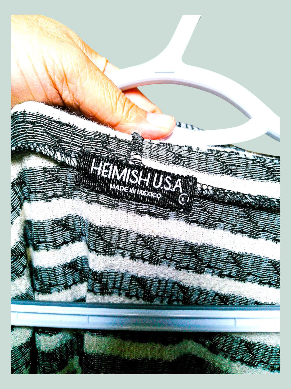 Heimish U.S.A. brand tag, size L, Made in Mexico