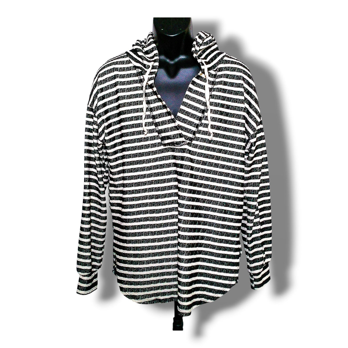Heimish USA black and white striped hooded pullover, front view on mannequin