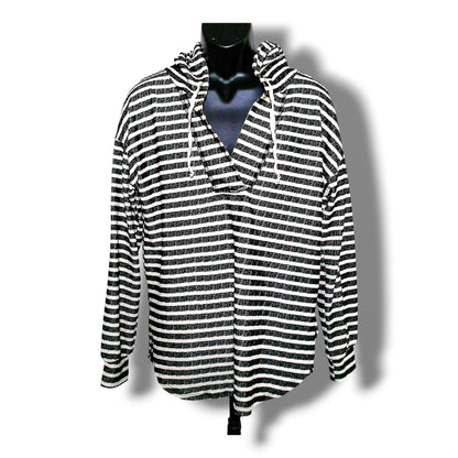 Heimish USA black and white striped hooded pullover, front view on mannequin