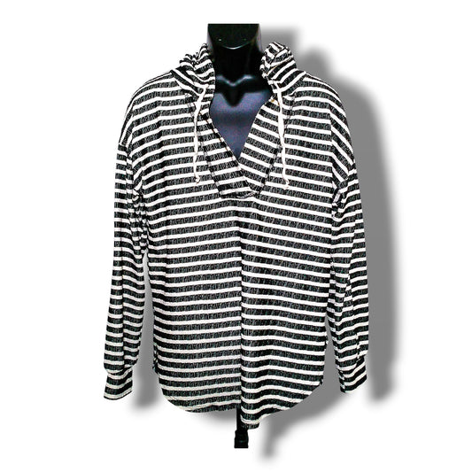 Heimish USA black and white striped hooded pullover, front view on mannequin