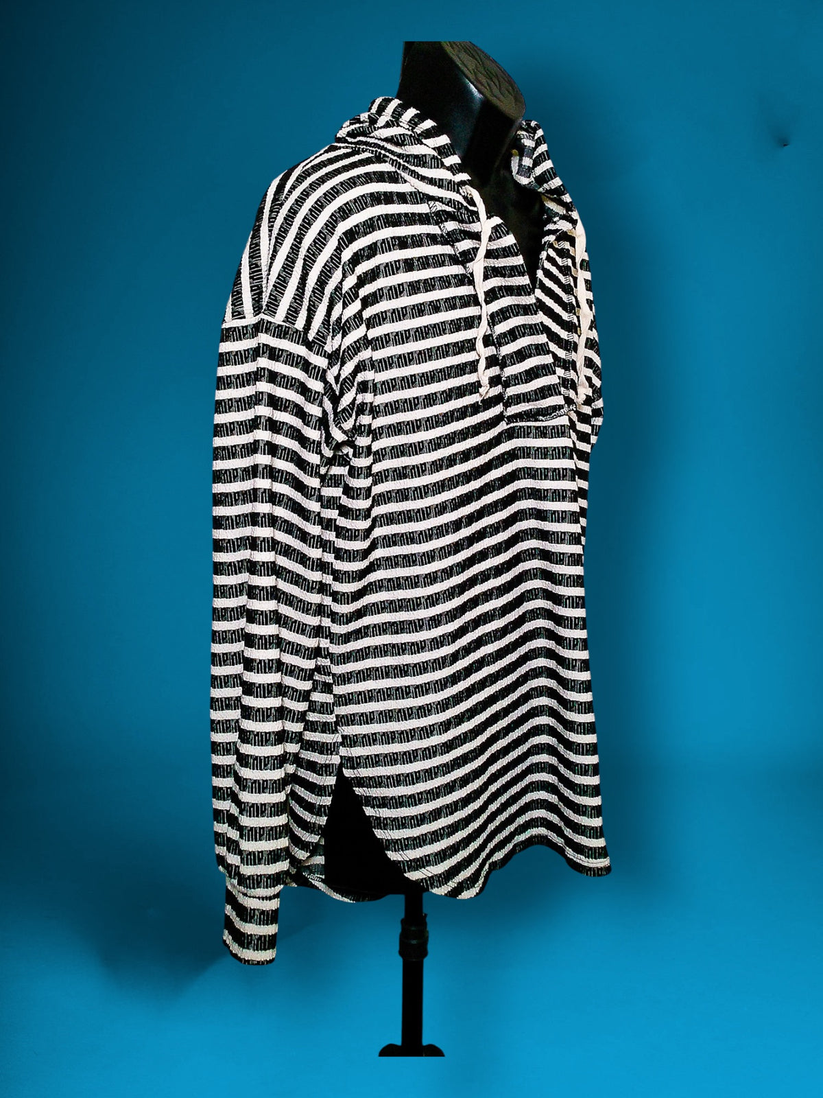 Heimish USA striped hooded pullover, side/front angle view