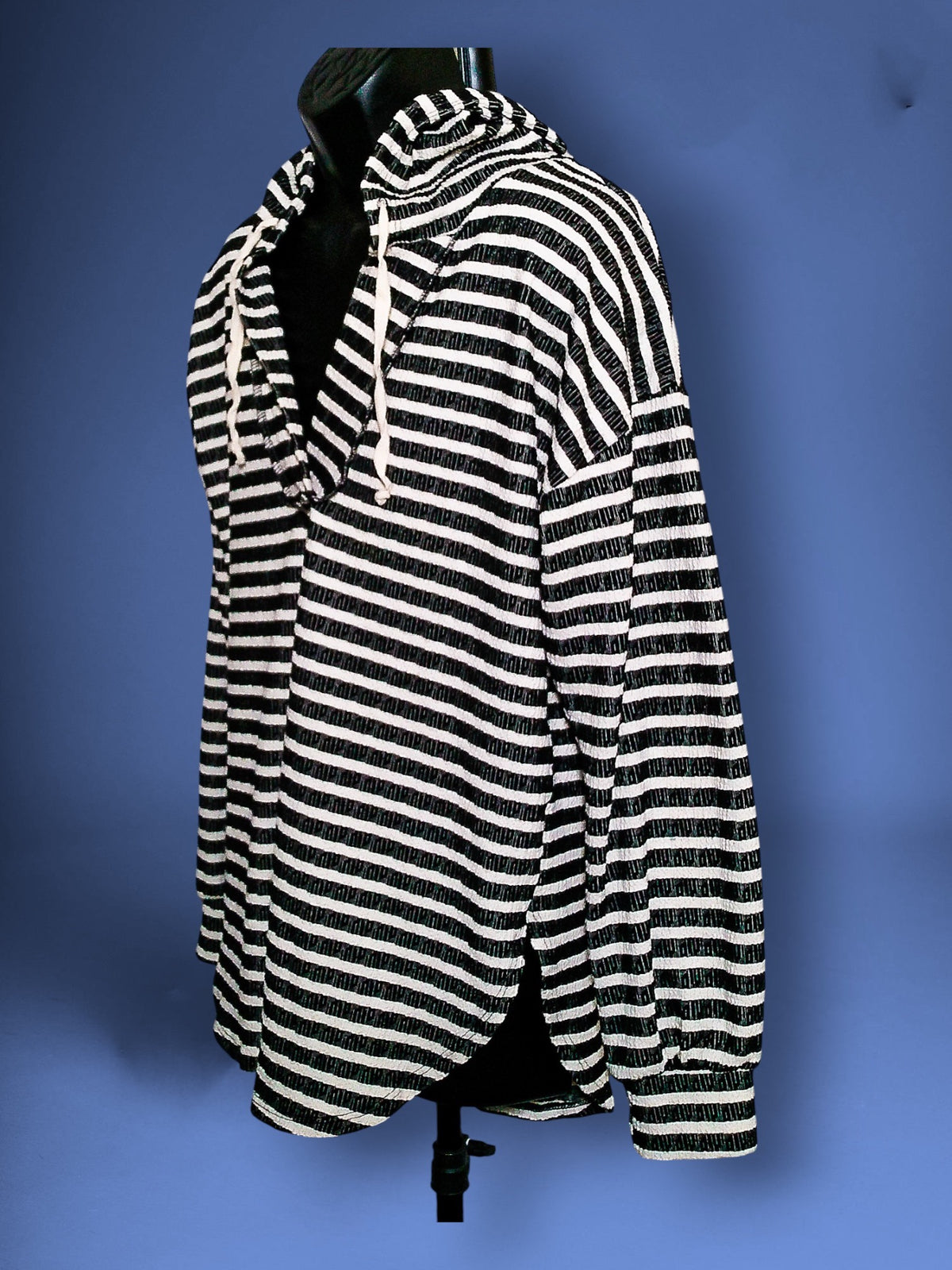 Heimish USA striped hooded pullover, side view showing side slit and drawstring