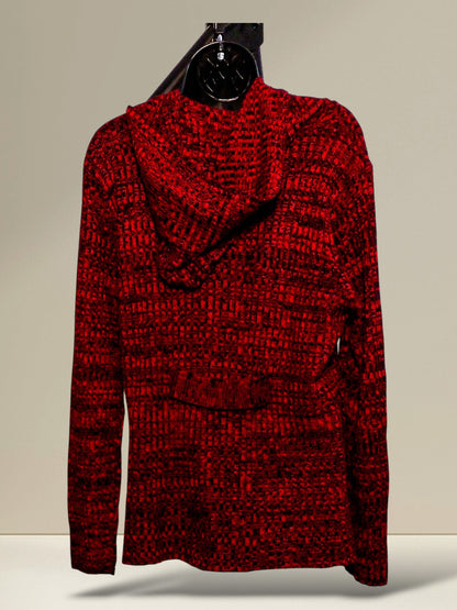 Back view of the cardigan jacket showing the attached shawl hood