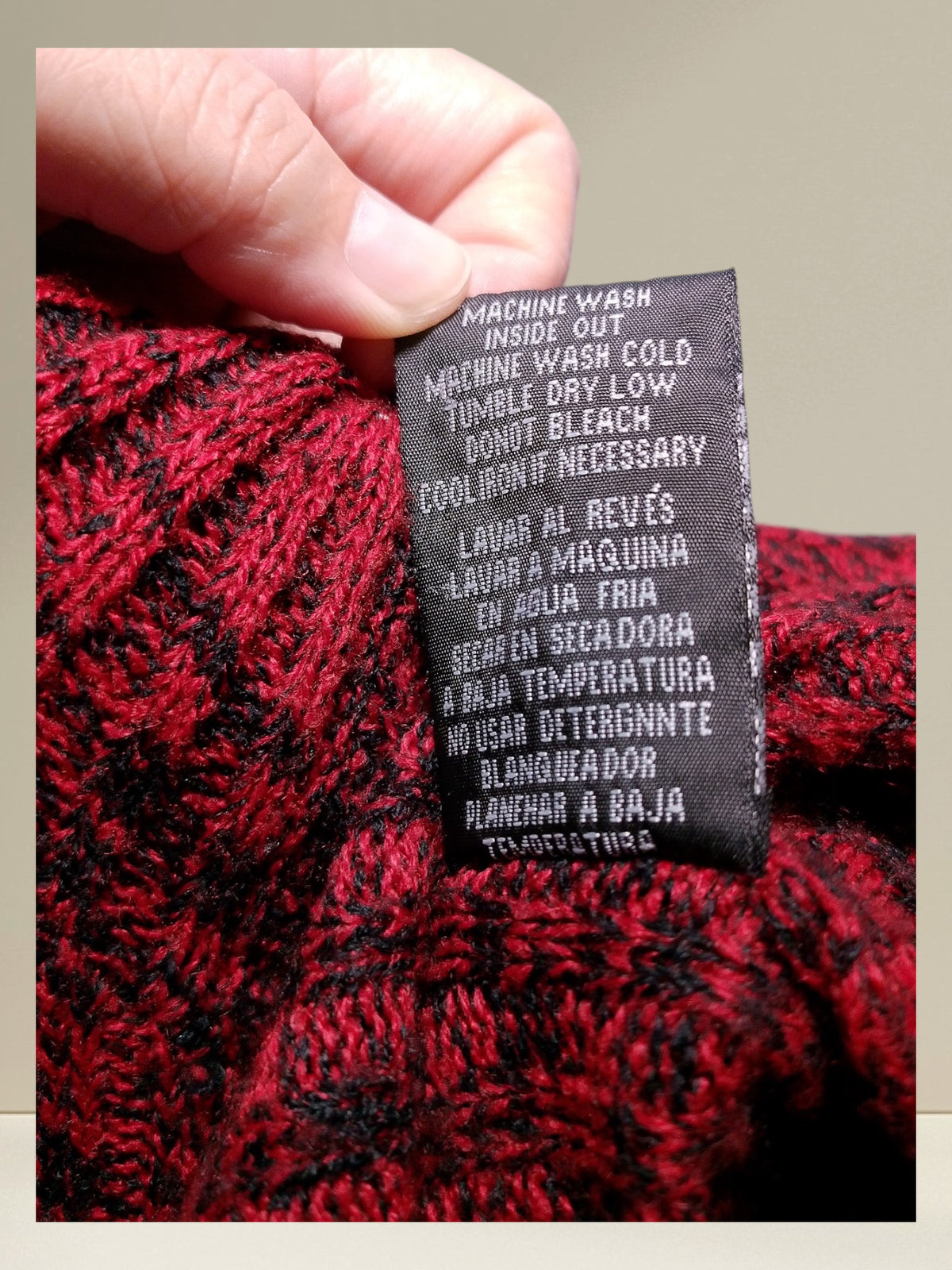 Care label with machine wash and care instructions
