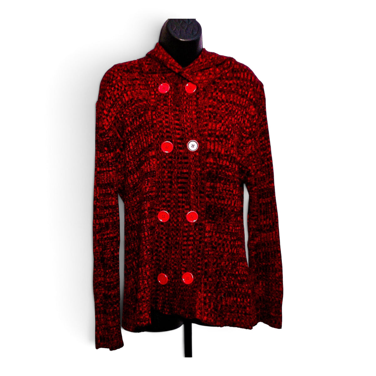 Hype red and black marled double-breasted hooded cardigan jacket, front view on mannequin