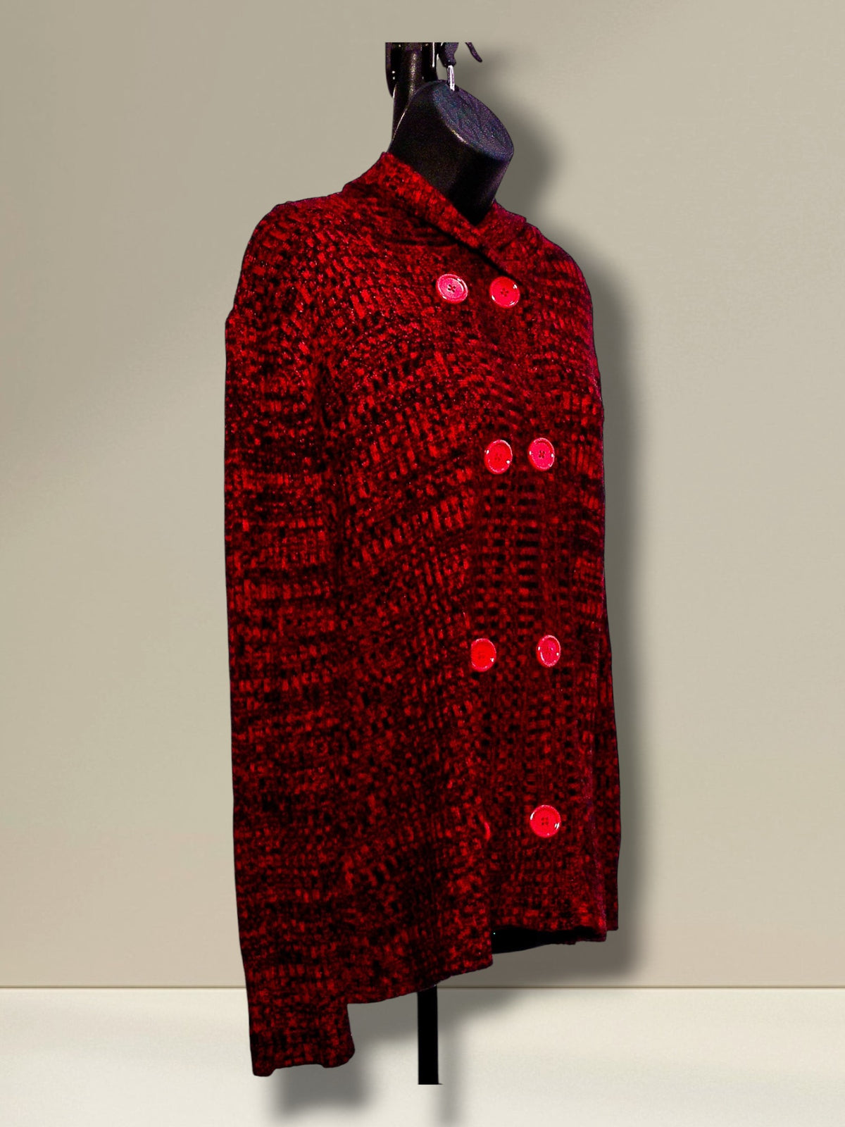 Hype red and black marled cardigan jacket, side view showing tailored silhouette