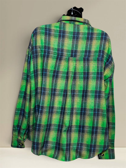 Moshu plaid flannel button-up shirt, back view