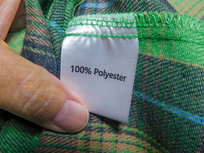 Moshu flannel shirt fabric content tag, 100% polyester