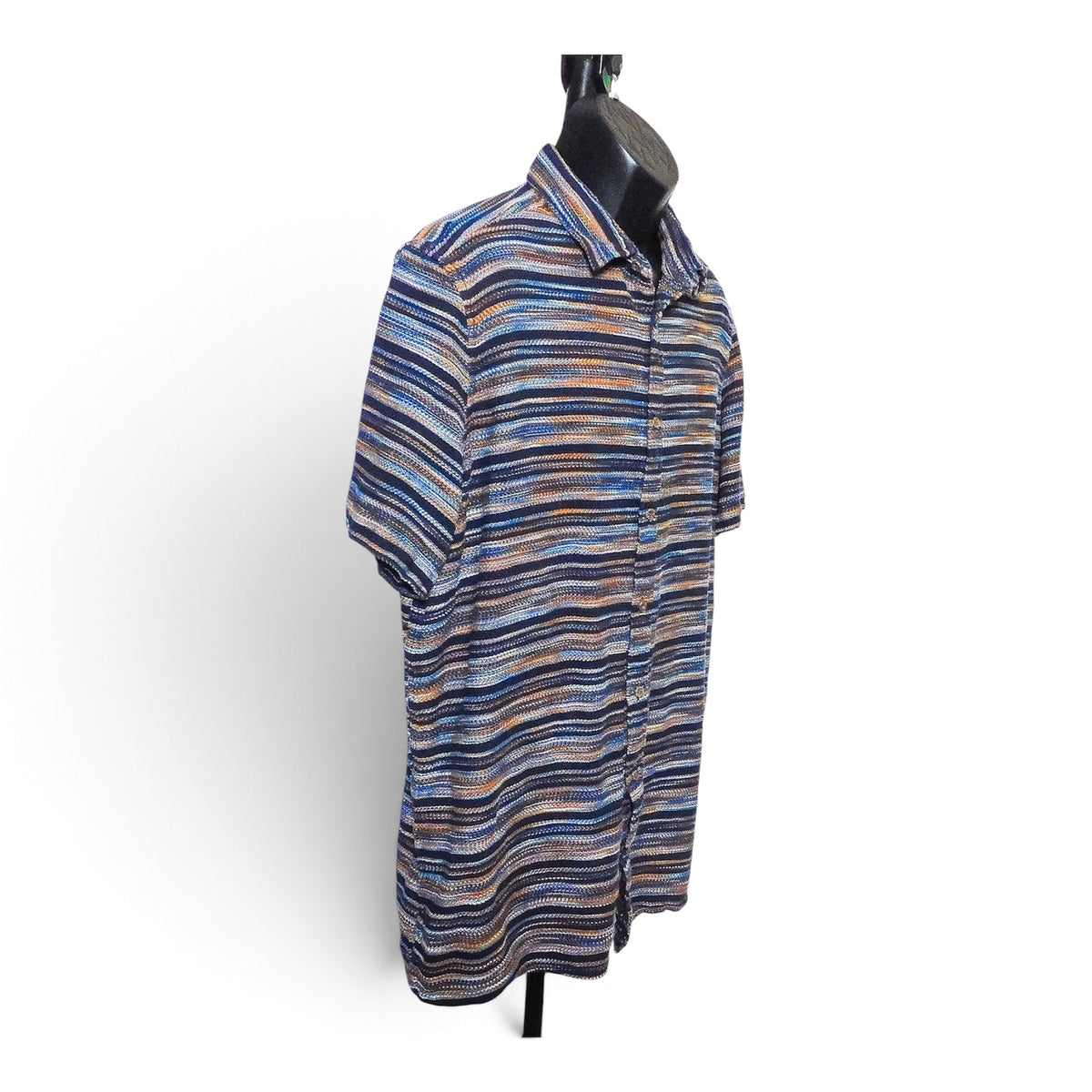 ROWM striped short sleeve button-up shirt, front view