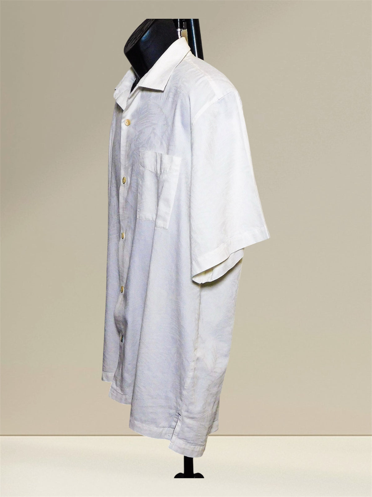 Tommy Bahama camp shirt, side view on hanger